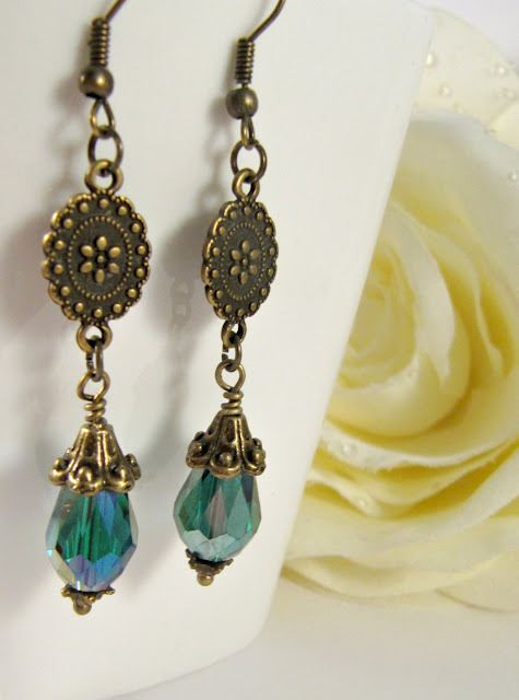 Teal long earrings, dangle, vintage style