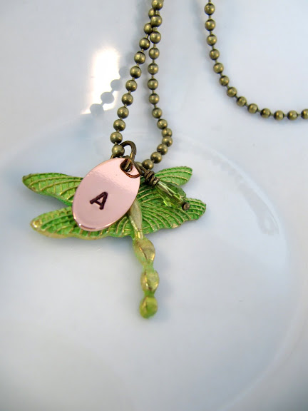 Dragonfly necklace, hand stamped initial
