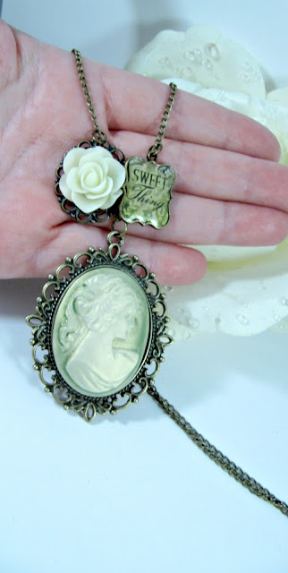 Large green cameo necklace, charm, vintage style, romantic jewelry