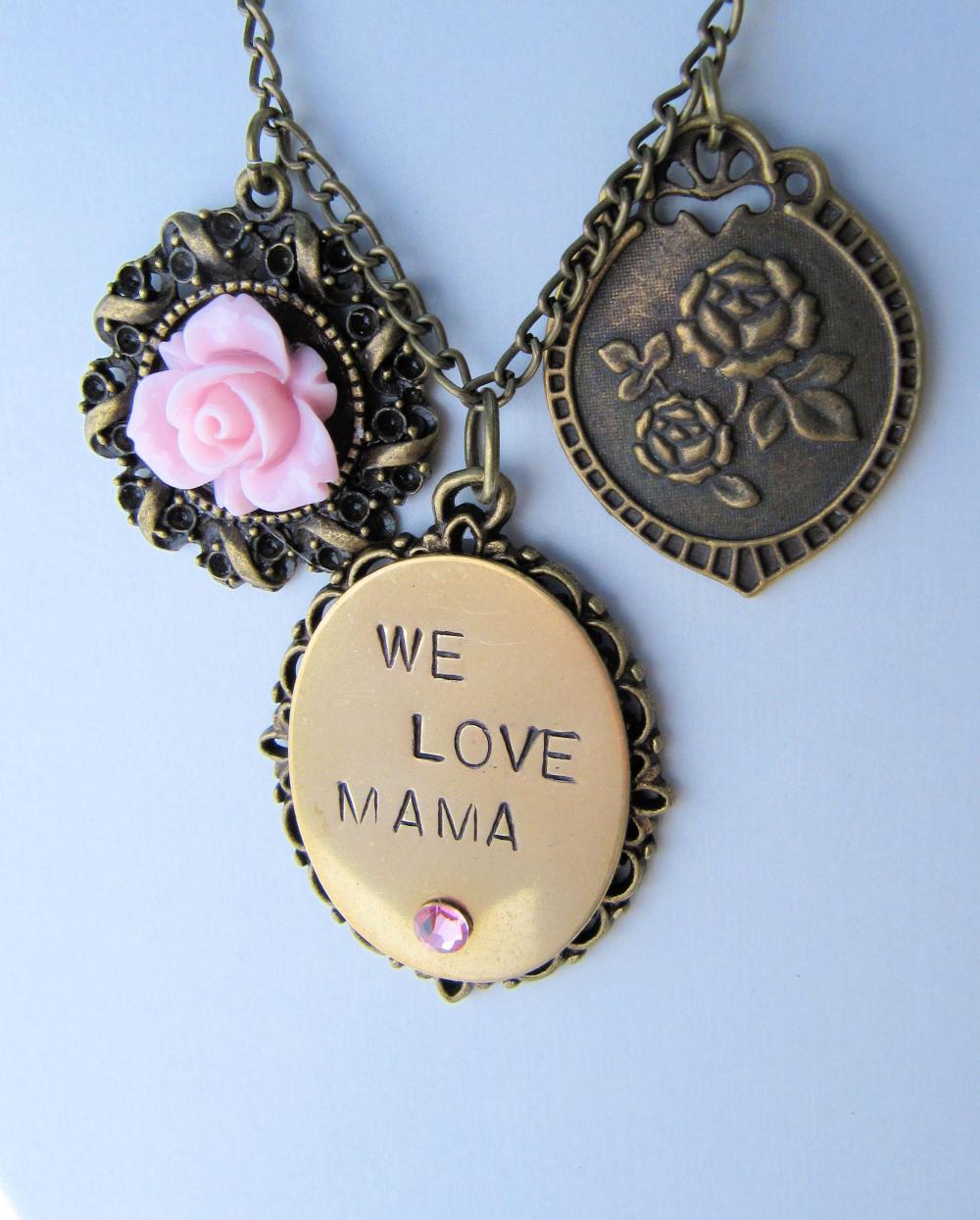 We Love Mama necklace, hand stamped, romantic jewelry