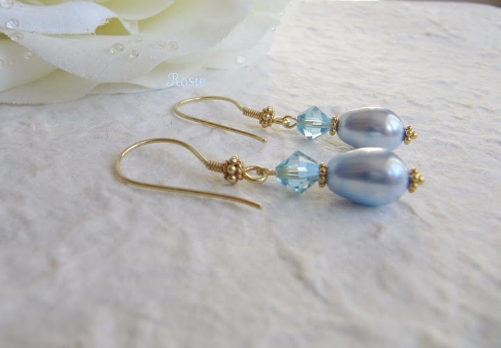 Blue gold earrings, 24K gold vermeil, sale, Swarovski pearl, crystals, dangle